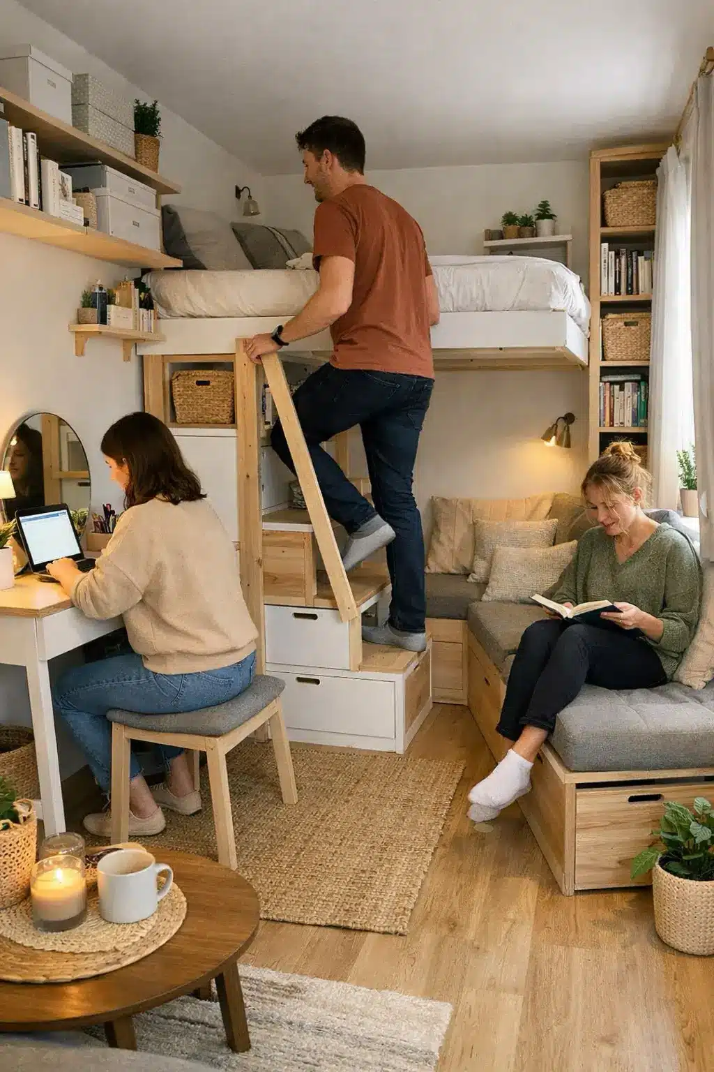 Trois personnes vivant dans un studio.