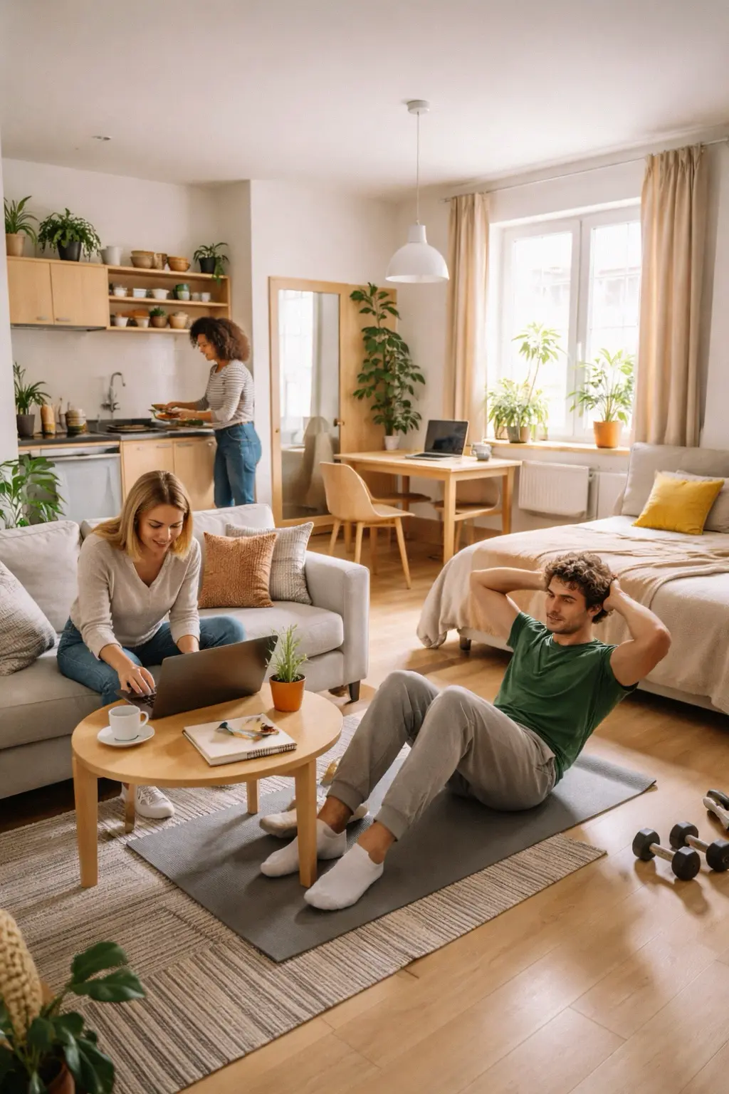 Deux étudiants qui habitent dans un studio au style scandinave.