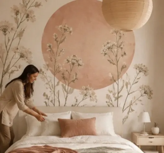 Un papier peint dans une chambre florale arrondie et couleur pâle orange rouge beige