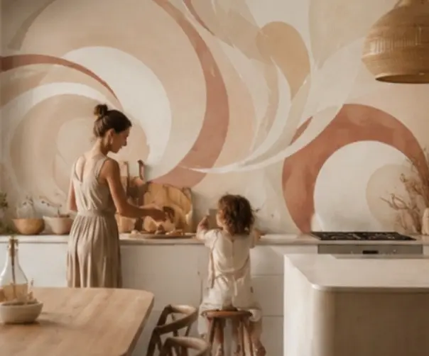 Papier peint, style Taracota dans une cuisine qui est la tendance de 2026.