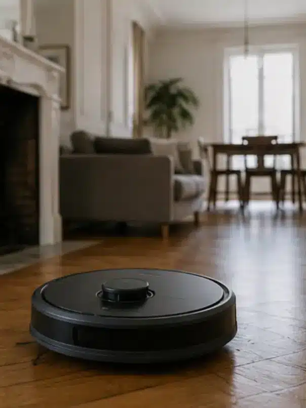 Robot aspirateur en train de nettoyer un appartement.