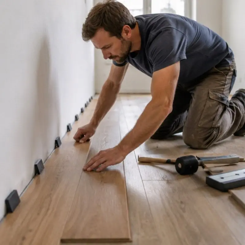 pose de la 1er ranger du parquet flottant avec des calles