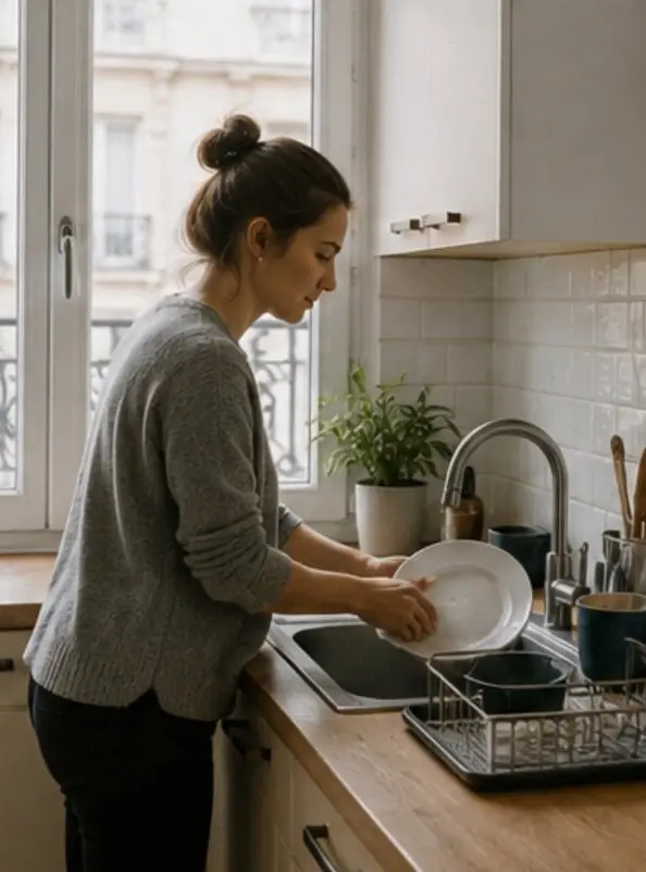 Une femme en train de ranger et laver sa cuisine.